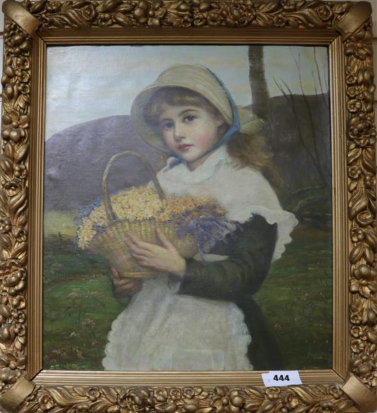 S. Morris, oil on canvas, young girl holding a basket of flowers, signed, 46 x 40cm
